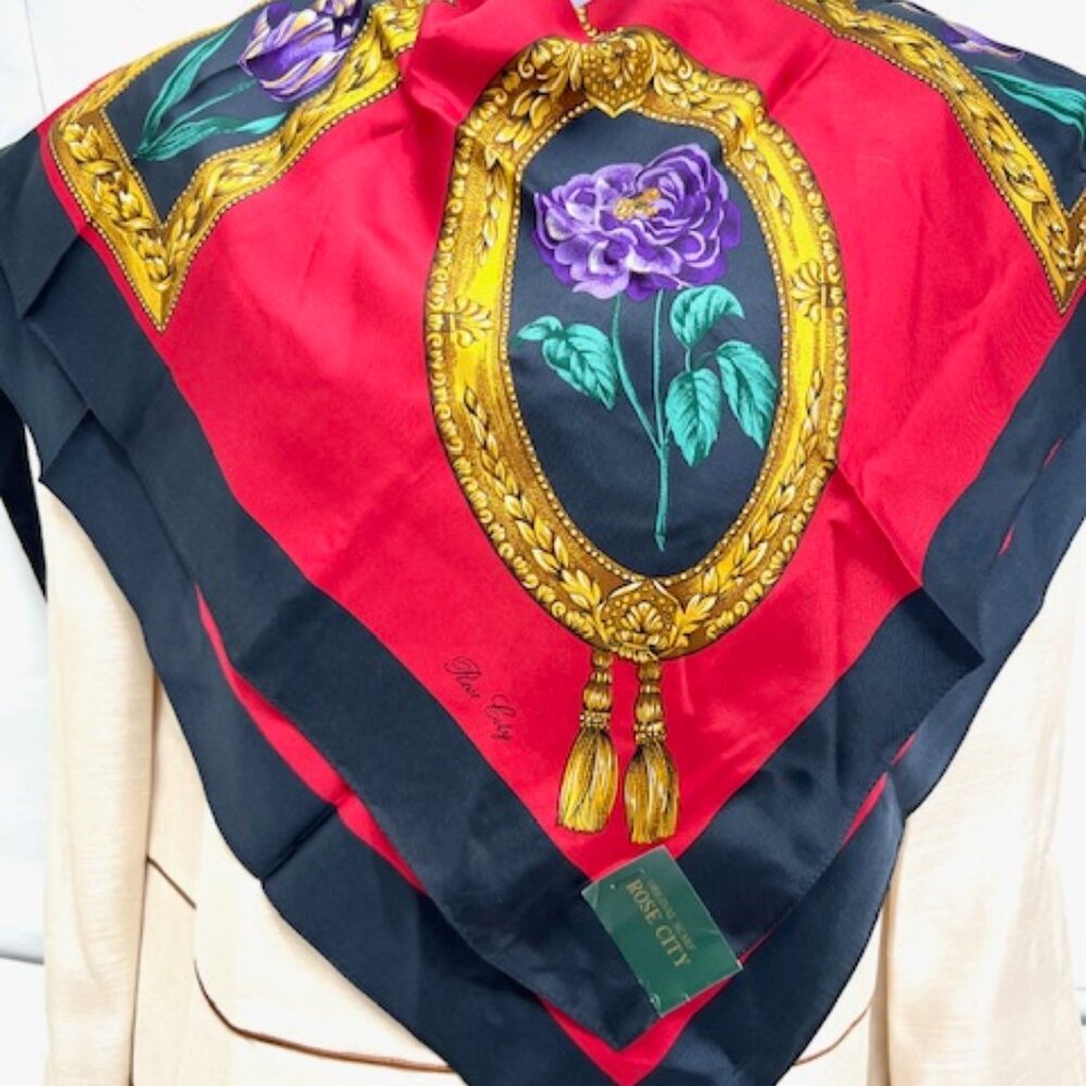 New with Tag On ROSE CITY 100% Silk Satin Lg 34" Black Red Green Gold Floral (14 - Picture 10 of 11